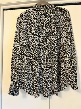 J Crew Women’s Animal Print Long-Sleeve Blouse - Black & Cream & Brown
